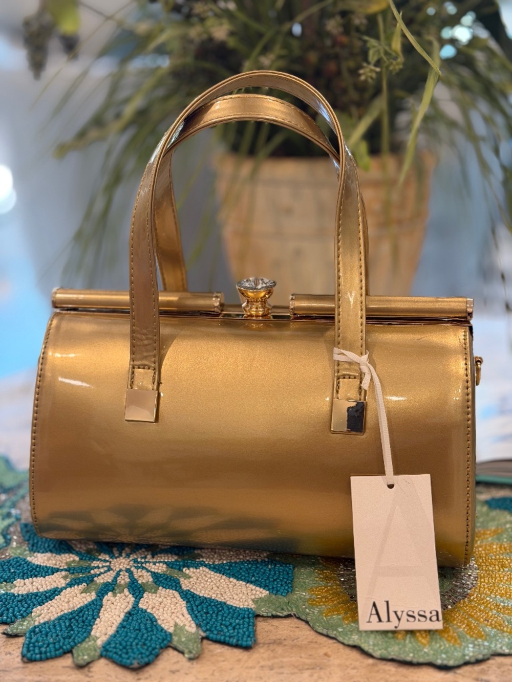 NWT Boutique Alyssa Gold Patent Barrel "Doris" inspired w/crossbody strap